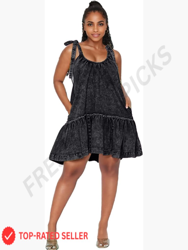 Denim Cami Dress Tie Shoulder Ruffle Hem Short Sundress With Pockets